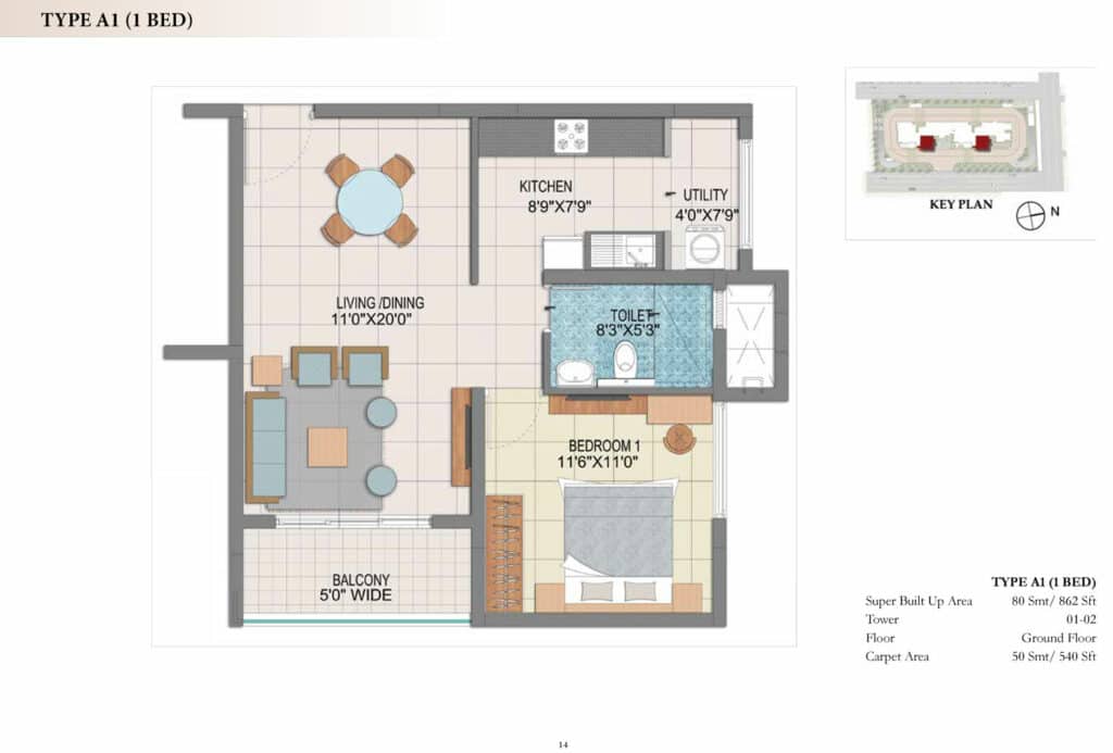Prestige Fontaine Bleau 1BR floor plan